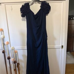 Xscape Navy Maxi Gown with Floral Cap Sleeves